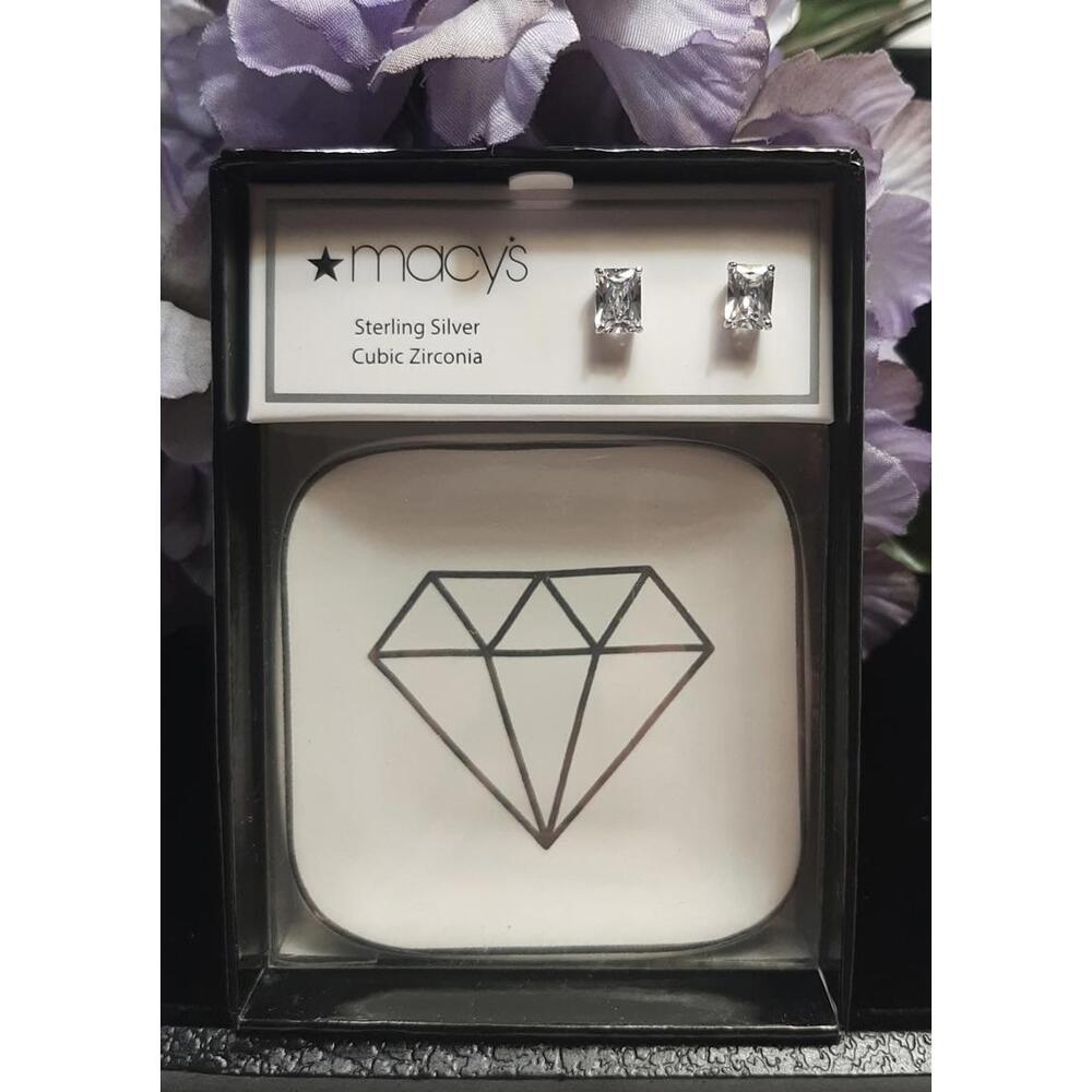 NEW Macy's Sterling Silver & Emerald Cut Cubic Zirconia Earrings Boxed Set